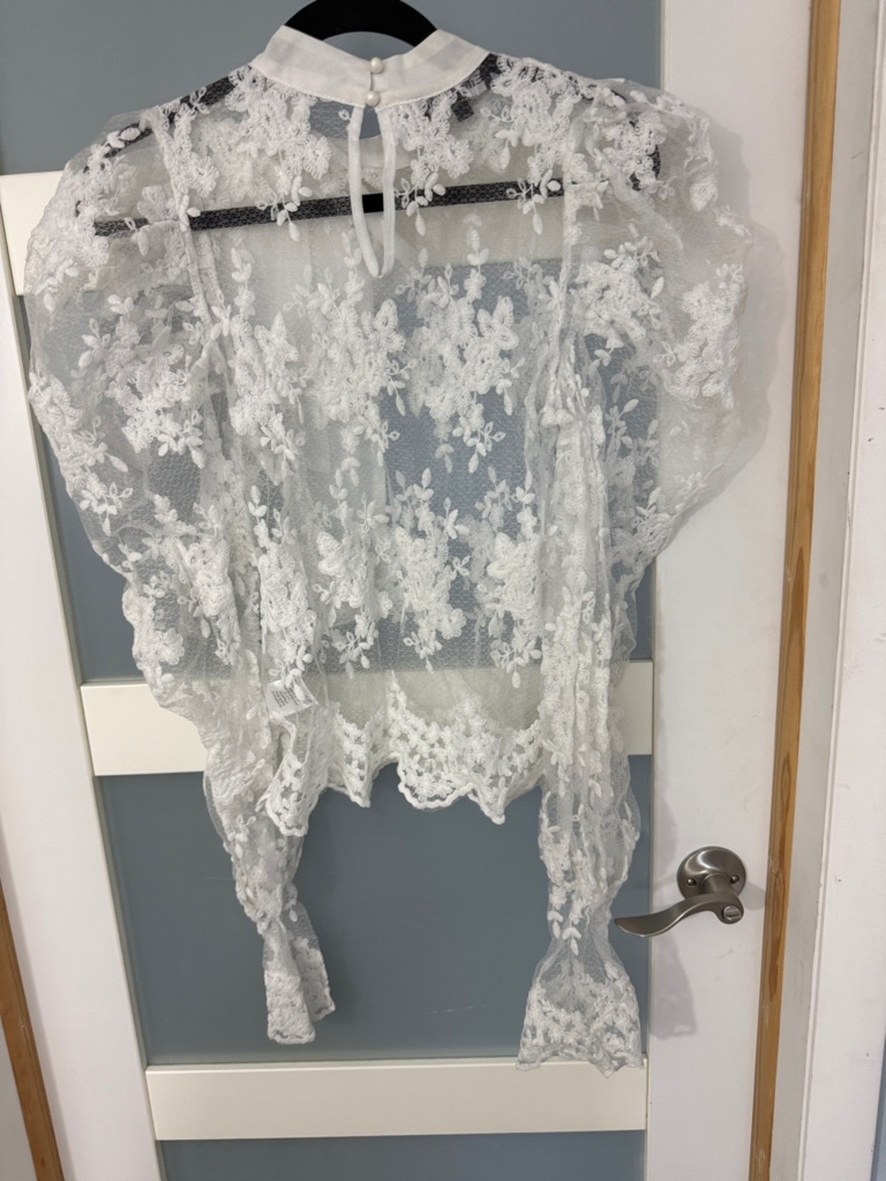 Sheer White Lace Bow-Neck Blouse - Picture 5 of 7